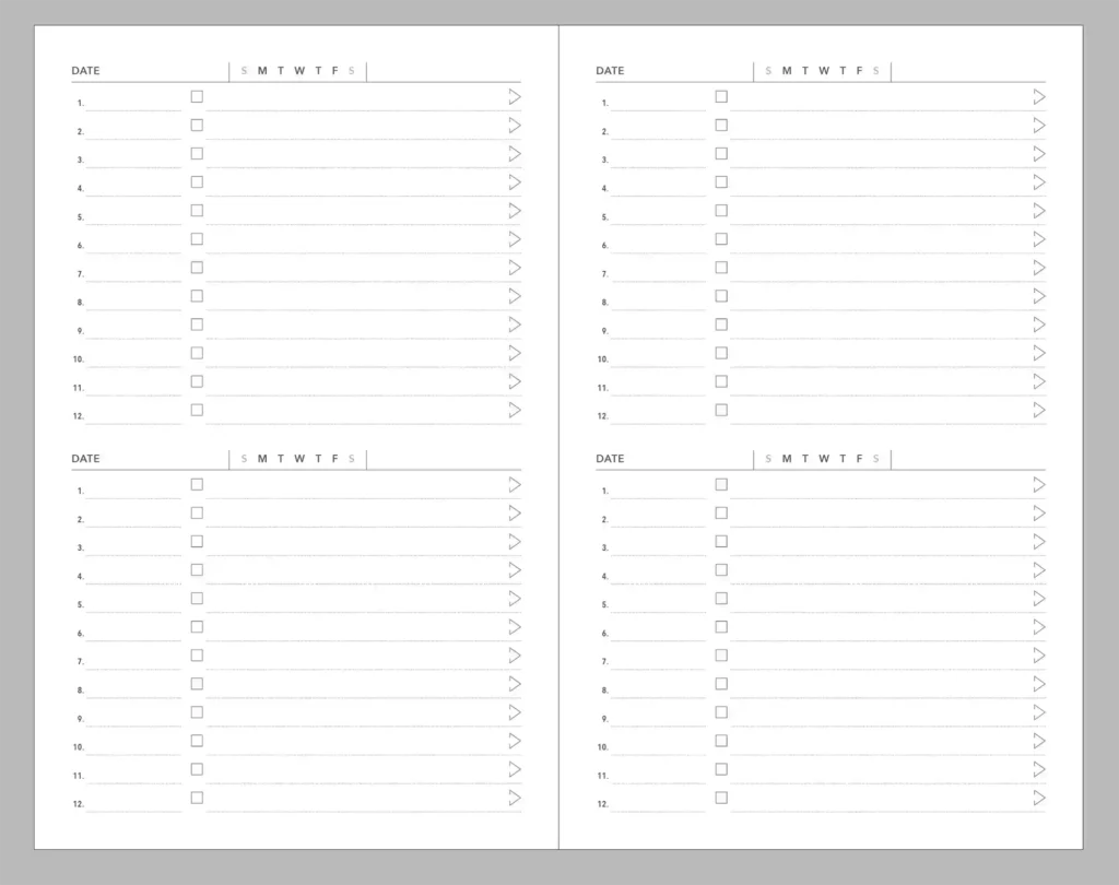 A spread of 4 days of task tracking. Shows spaces for tracking 12 tasks per day.