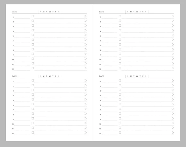 A spread of 4 days of task tracking. Shows spaces for tracking 12 tasks per day.